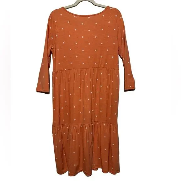 Reborn J Pink Orange Coral White Polka Dit Ruffle Tiered Knee Length Dress Large - Picture 3 of 5